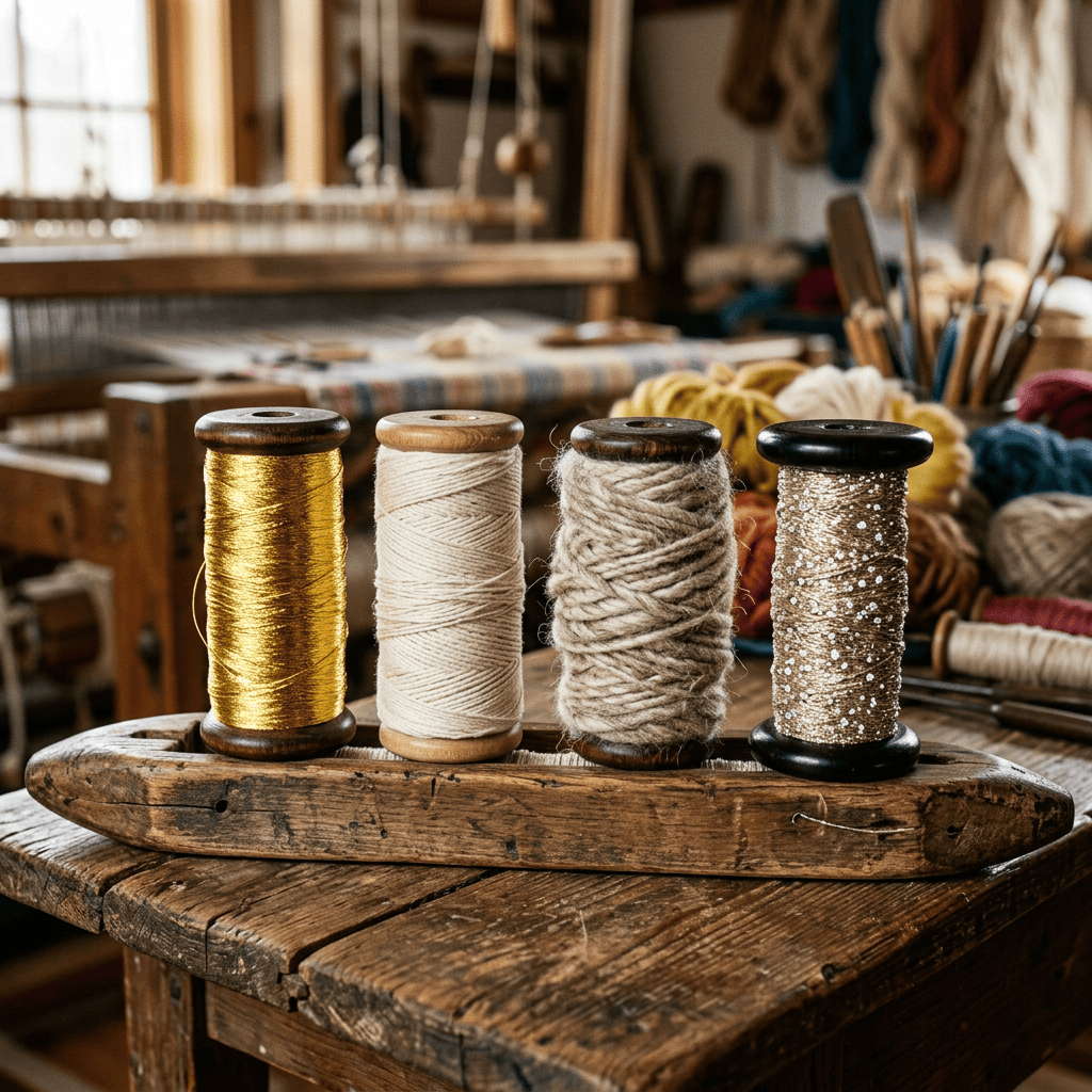Four spools of thread including gold, beige, wool, and glittery threads on a wooden table